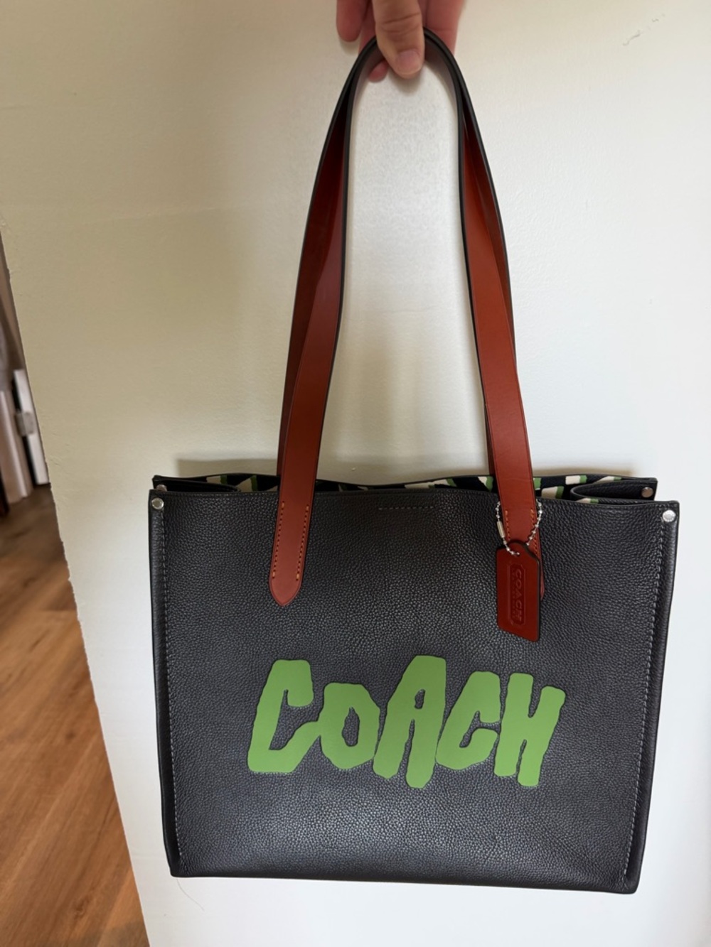 Coach Relay Tote 34 with Lime Green Logo and Brown Handles